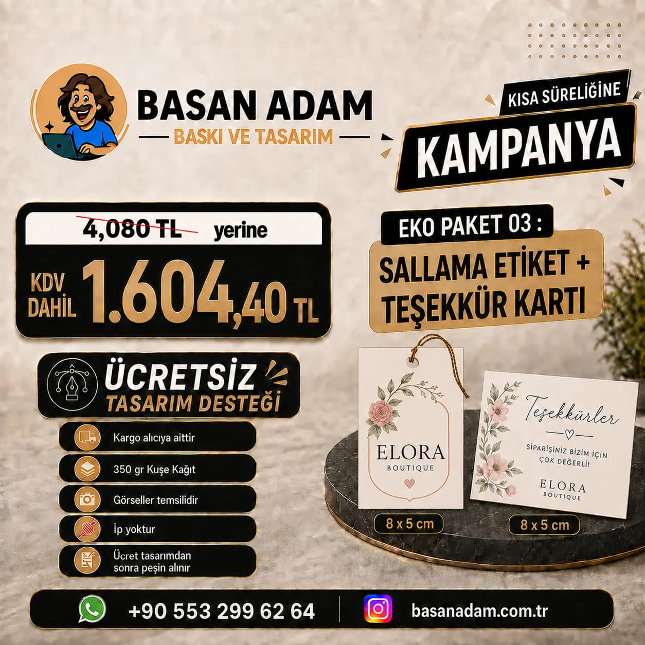 1.000 adet sallama etiket ve 1.000 adet teşekkür kartı bir arada.