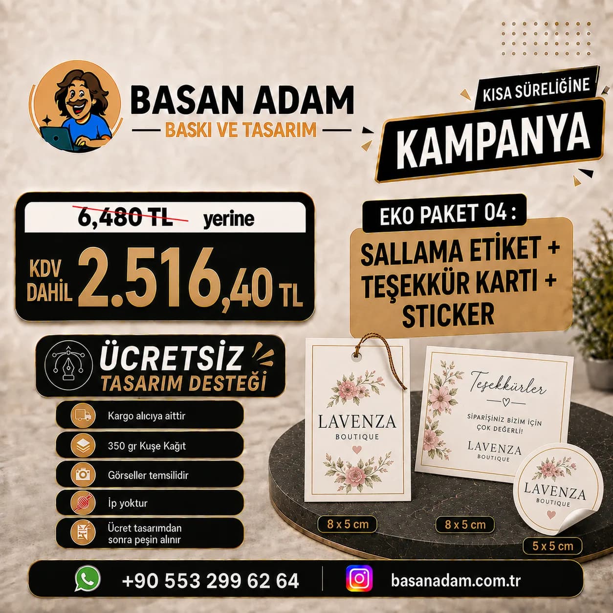 Sallama etiket, teşekkür kartı ve sticker'ı bir arada sunan üçlü ekonomik paket.