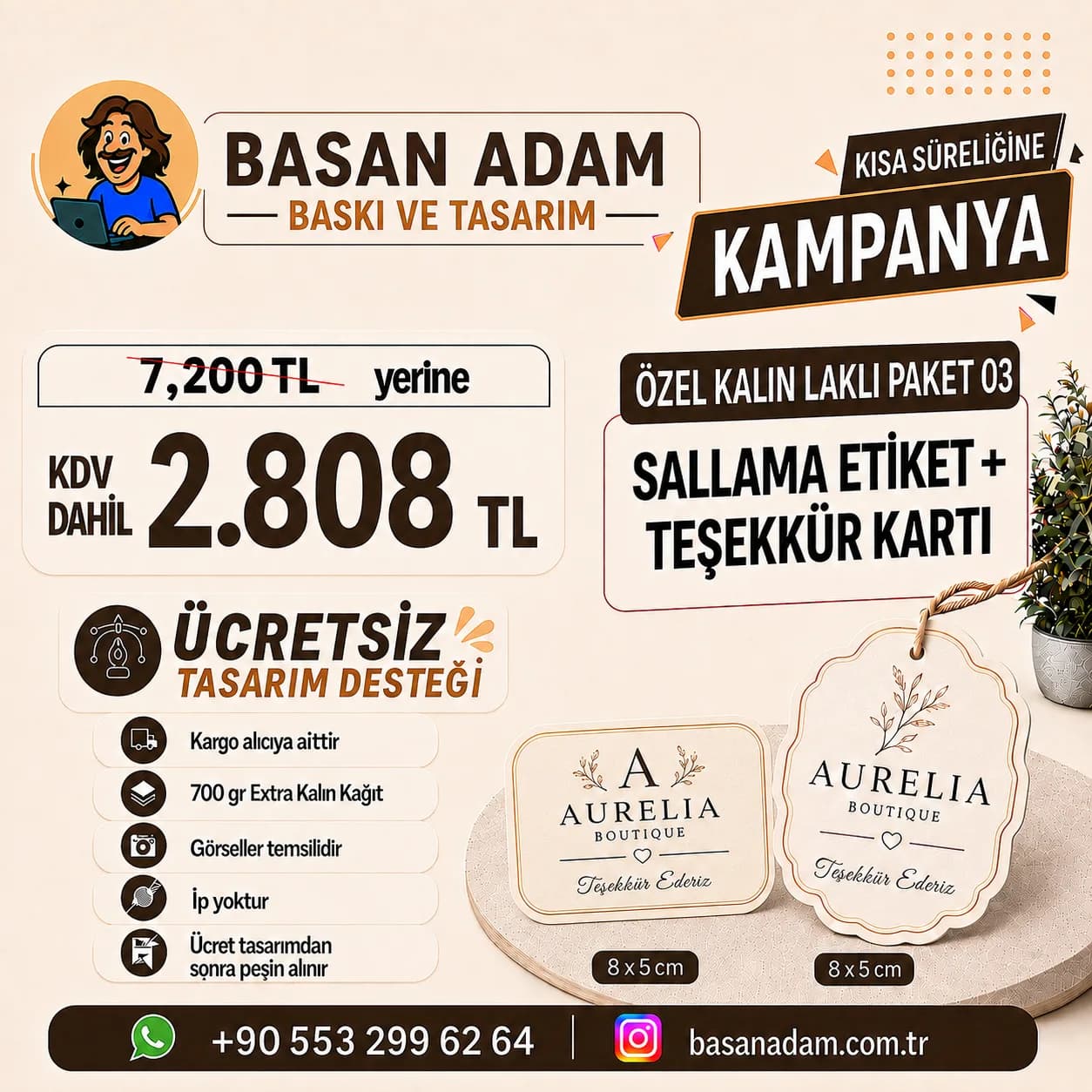 700 gr extra kalın laklı sallama etiket ve teşekkür kartı bir arada.