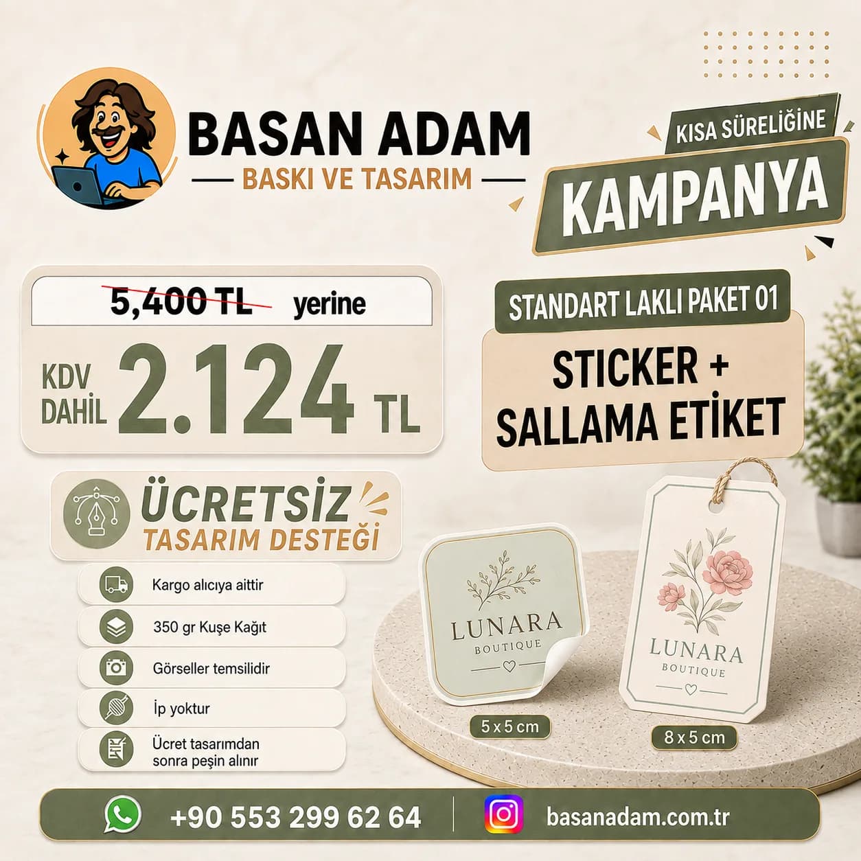 Kabartma laklı sallama etiket ve sticker'ı bir arada sunan paket.