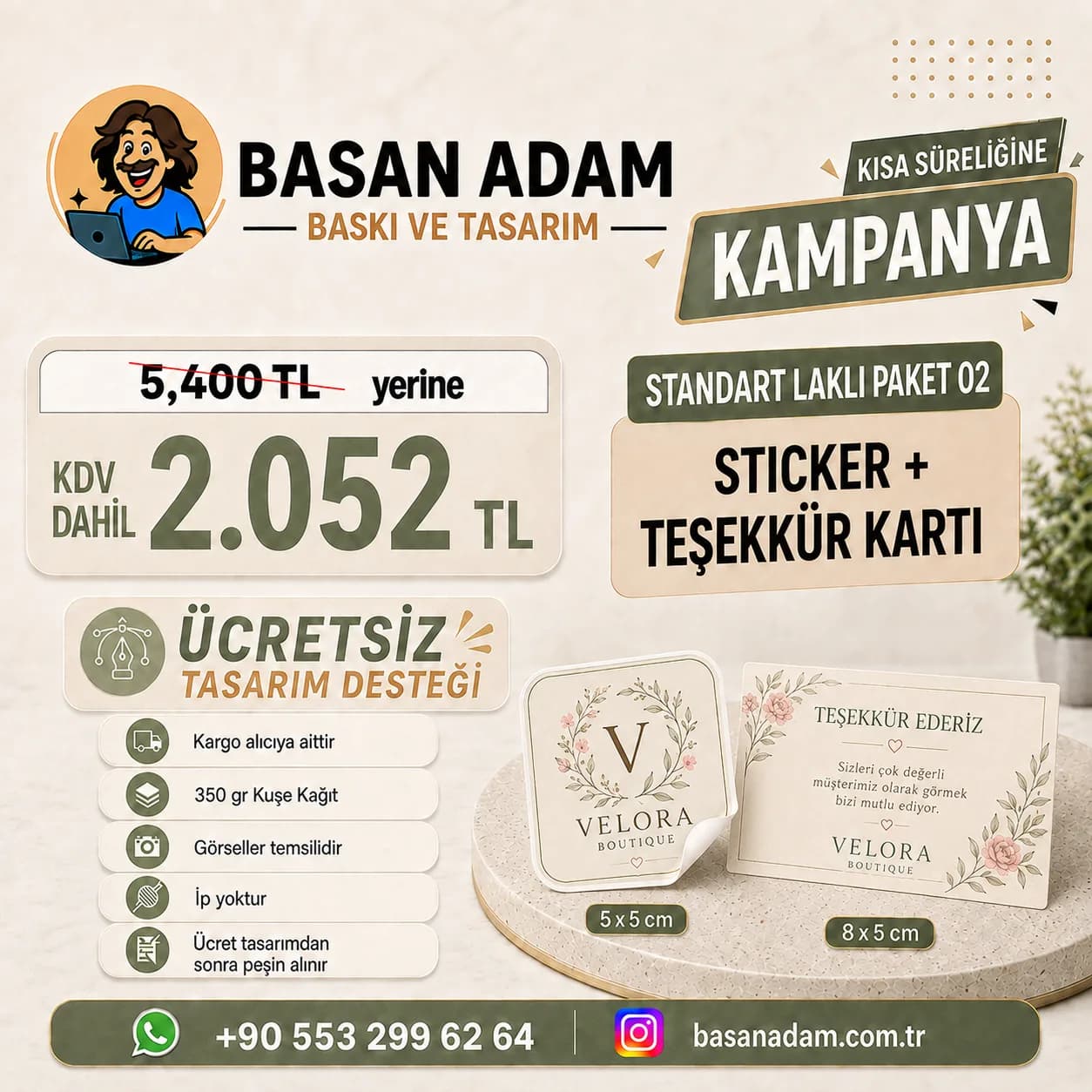Kabartma laklı teşekkür kartı ve sticker'ı bir arada sunan paket.