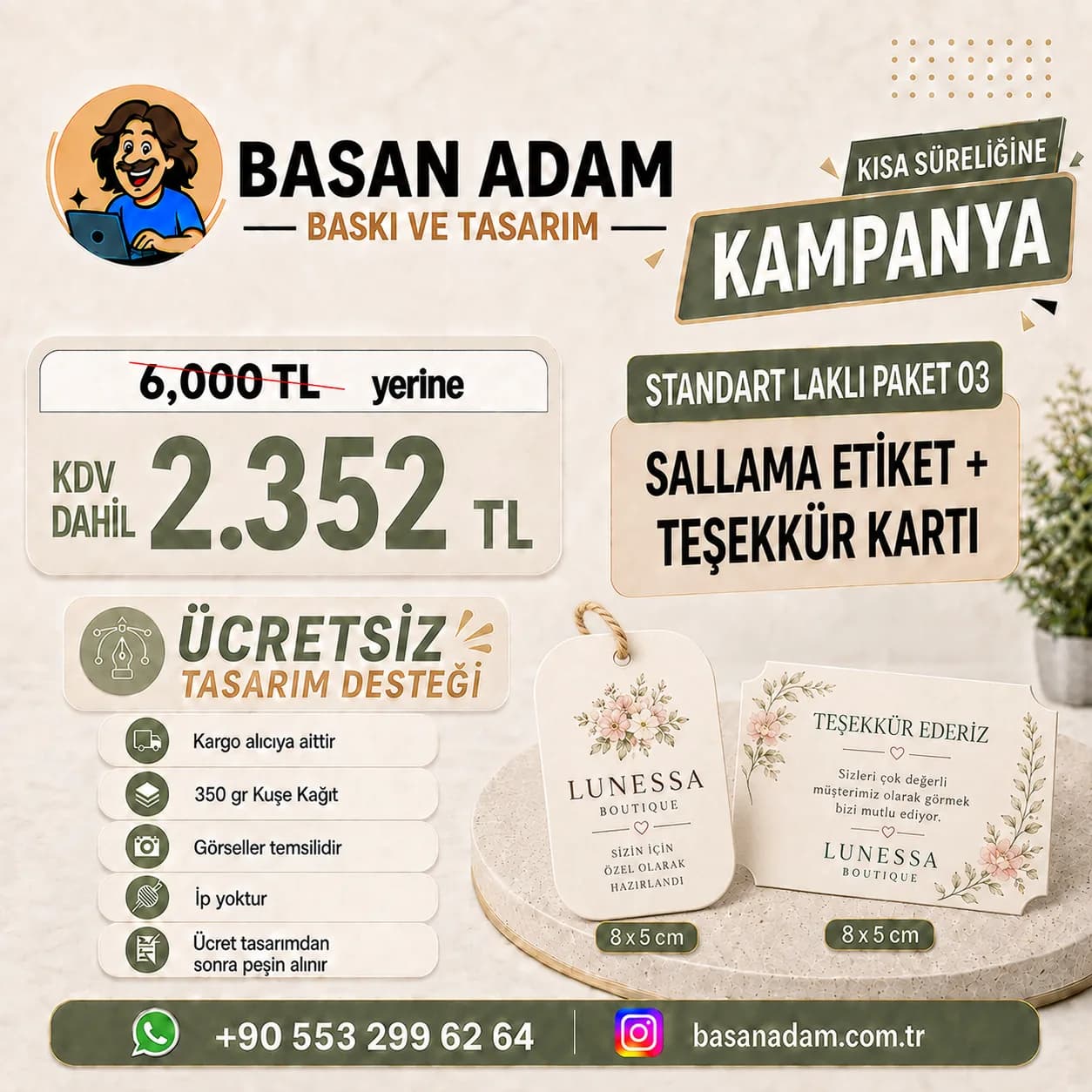 Kabartma laklı sallama etiket ve teşekkür kartı bir arada.