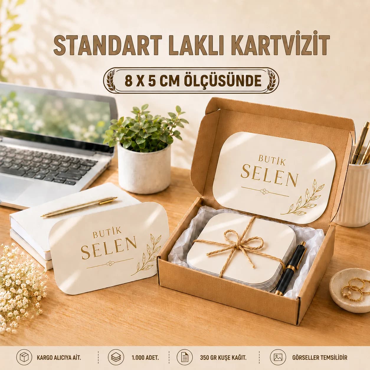 Standart Laklı Kartvizit — 1.000 adet, 8x5 cm, 350 gr kuşe kağıt